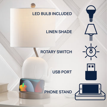 Ellie Bohemian Designer Iron/Resin Elephant LED Kids Table Lamp with Phone Stand and USB Charging Port - JONATHAN Y